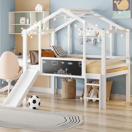 Kebnor Lettino per bambini, 90 x 200 cm, design sottotetto con scala di sicurezza e scivolo di sicurezza, con lavagna graffiti, letto multiuso, letto singolo a soppalco (bianco)