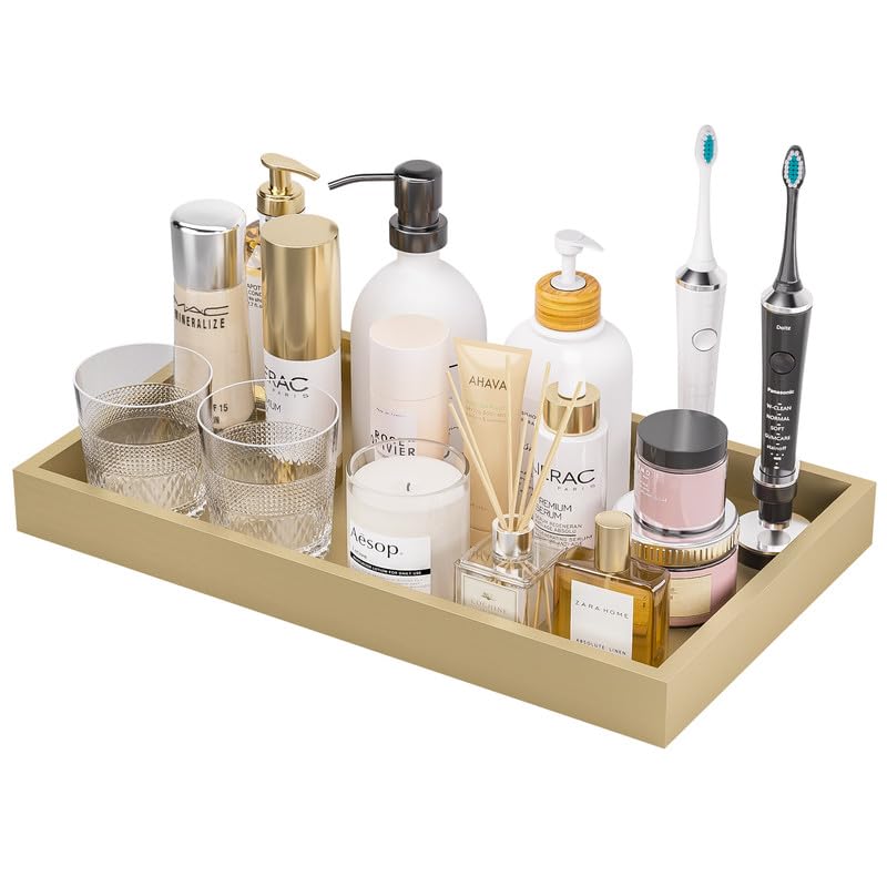 ZHWS Gold Bathroom Vanity Tray for Countertop Perfume Makeup Jewelry Candle Decor, Kitchen Tray for Soap Dispenser Spice Salt, Large Gold Tray for