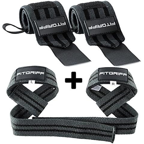 Fitgriff® Wrist Wraps + Lifting Straps (Bundle) - Wrist Straps for Weightlifting, Gym, Crossfit, Strength Training, Fitness - for Men and Women - Grey Cover