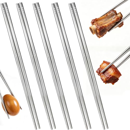 hankousi 5 pares de palillos de acero inoxidable 304 de 23 cm, reutilizables, antideslizantes, con diseño de 6 anillos, aptos para lavavajillas, ideales para cocina china, japonesa, coreana y sushi
