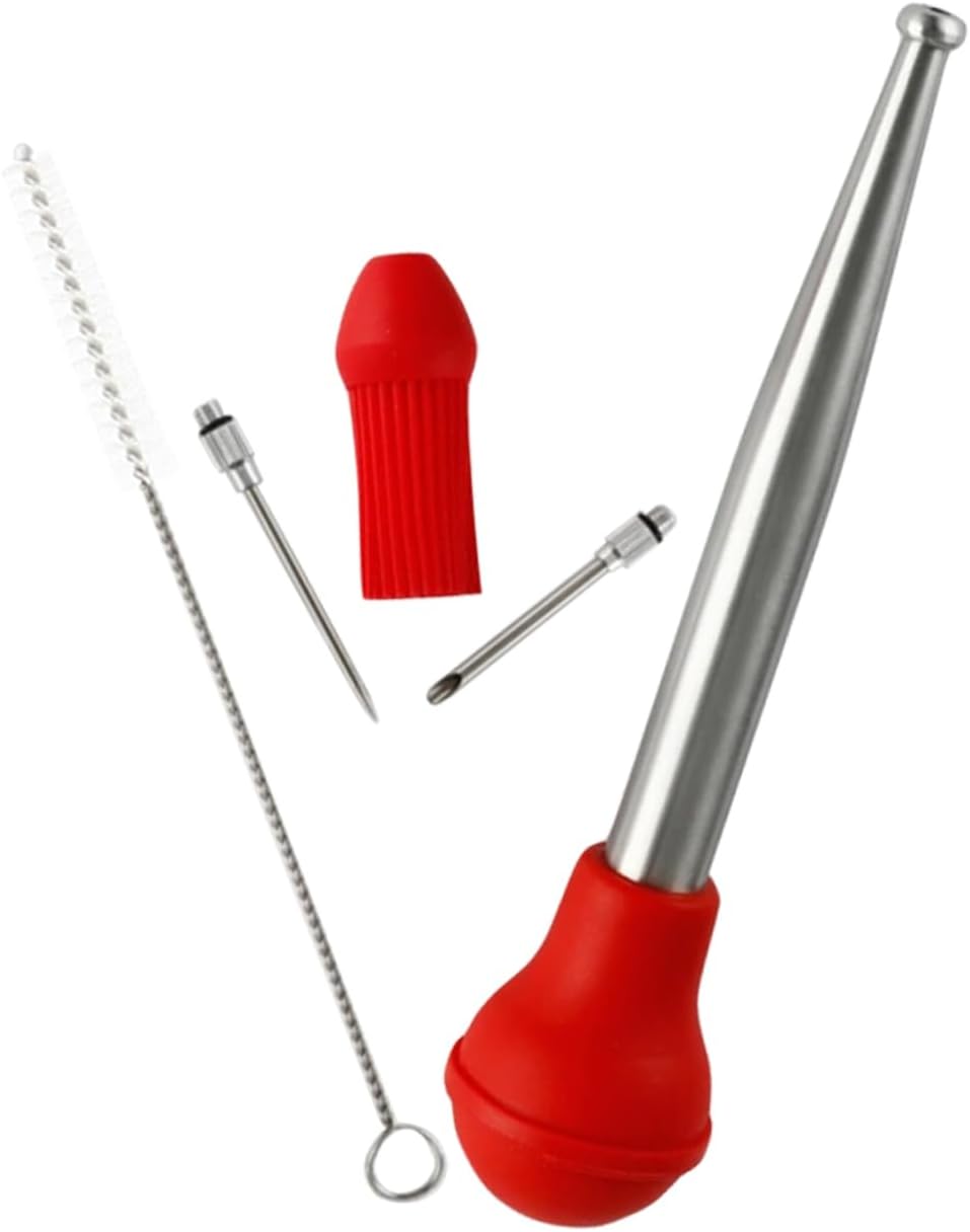1set Bbq Turkey Sauce Injector Stainless Steel Marinade Baster Silicone Pump for Cooking Meat and Poultry Includes Cleaning Brush for Family and Restaurant Use