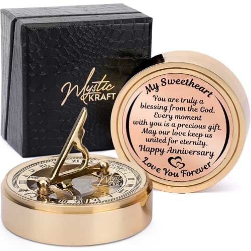Mystickraft Anniversary Sundial Compass, Gifts for Husband, Him, Her, Wedding Anniversary Clock for 50th 40th 25th 20th 10th or 1st Year Celebration, Emotional Quote Engraved, Gift Box Pack with Card