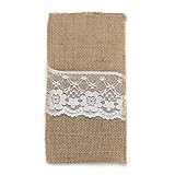 vLoveLife 4x8.5 Inch Natural Hessian Burlap Cutlery Holder Pouch Bag with Lace Rose Flower Wedding Tableware Bags Favor , Pack Of 10