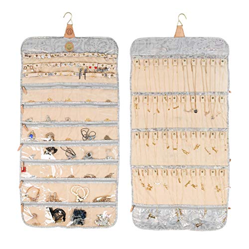 Angelina's Palace Tenby Jewelry Double Side Hanger Organizer Hook Hanging Closet Jewelry Storage Roll 24 Earring Ring Bars 28 Bracelet Pouches Watches Pocket 40 Necklaces Loops Display Organizer (Metallic Silver)