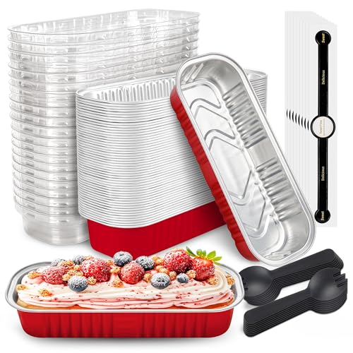 Image of NPLUX Mini Loaf Pans with Lids, 50 Pack Red 6.8oz for Dessert Tables | Use for tasting samples, dessert bars, fruit cups and brownies; cover-after-cooling setup helps cut repacking steps.