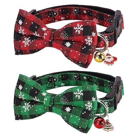 FLOERVE 2 Sets Christmas Dog Collars with Bows, Buffalo Plaid Snowflake Dog Christmas Collars with Bells and Christmas Tree Santa, Dog for Small Dogs(Small) Cover