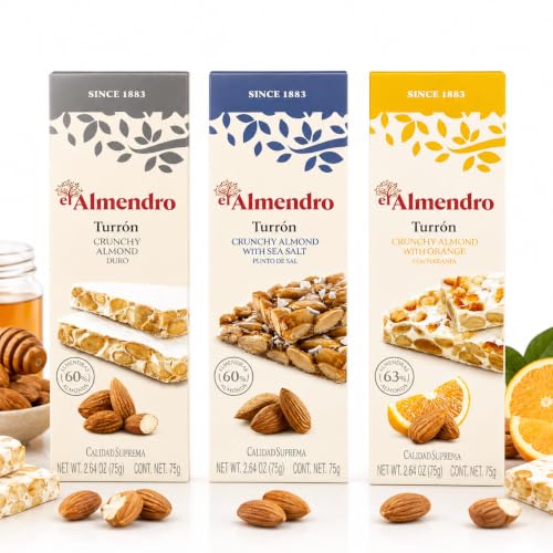 El Almendro Turrones 3 Flavor Variety Pack, Crunchy Almond Turron, Almond Crocanti with Salt & Crunchy Almond Turron with Orange, Traditional Spanish Almond Candy Assortment