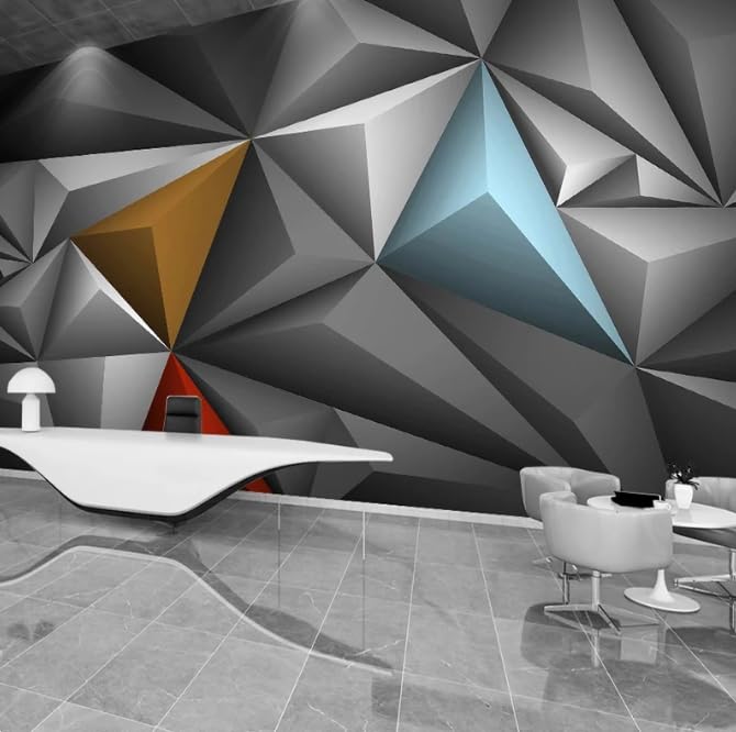 Papier peint photo géométrique 3D pour agrandir un salon et masquer un mur terne