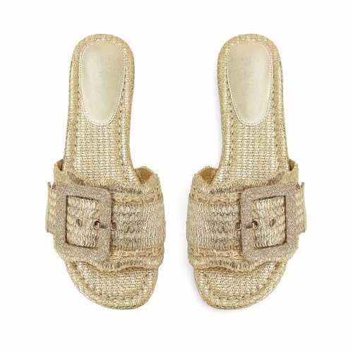 Image of ZJGZF Raffia Sandals for Women Buckle Straw flats Woven Braided Rattan Slides Summer Beach Sandals Comfort Cute Shoes