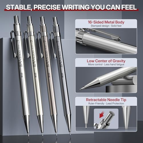 Image of WUO 0.7mm Metal Mechanical Pencil Set, 4-Pack with Eraser Pen and Case | 480 HB Lead Refills, 3 Erasers + 10 Eraser Refills, Medium Point, for Writing, Drawing, Drafting, Sketching
