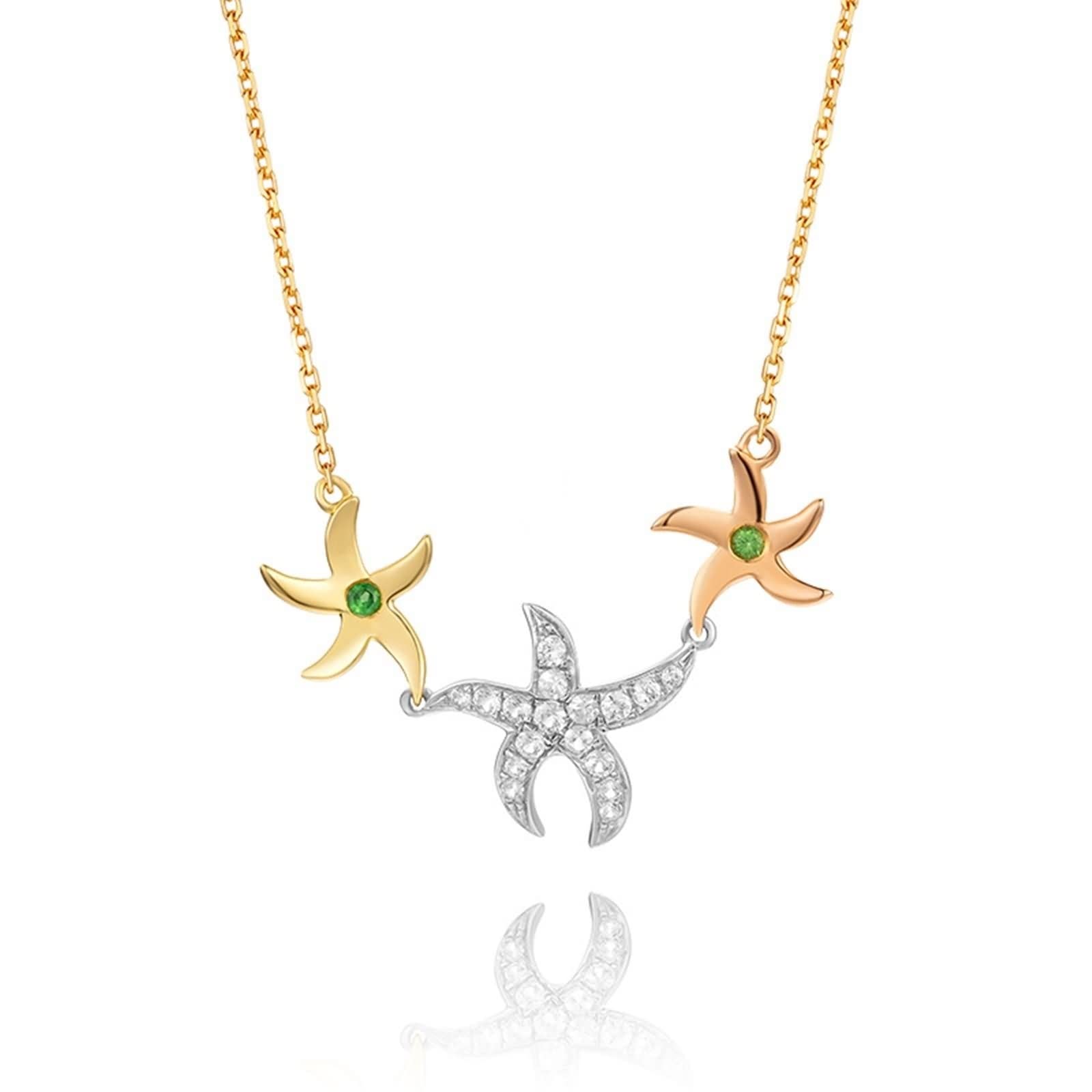 Collar con colgante de oro, oro amarillo de 18 quilates, estrella de mar con diamante y tsavorita, 0,22 quilates con cadena Rolo extensor de 45+5 cm, Diamond Moissanite