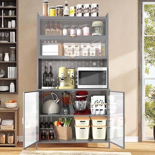 Image of Ball & Cast 73″Pantry Cabinet,Versatile Metal Storage Cabinet with Microwave Shelf,Pegboard Spacious, Adjustable Shelves Moden Kitchen Cabinet w /Anti-Tipping Safety for Kitchen,Dining Room,Grey
