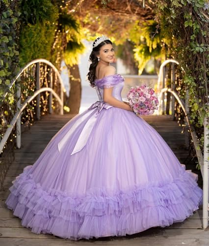 Ftupza Layered Tulle Quinceanera Dresses Ball Gown Off Shoulder Glitter Beaded Sweet 16 Dresses Princess Party Gown2