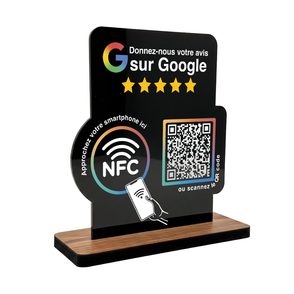 Présentoir pour avis Google NFC & code QR – Panneau/affichage pour avis pour comptoir, réception, cabinet, restaurant, studio – Présentoir d'avis pour critiques/avis (noir, V2 DIN A5)