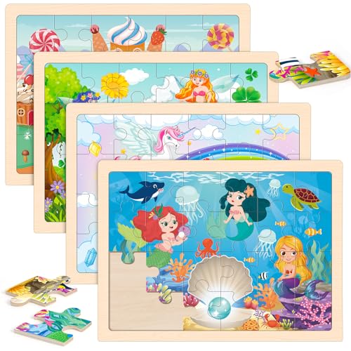 Pack de 4 rompecabezas de madera para niños de 3 a 5 años, set de 24 piezas con temática de princesas | Rompecabezas para preescolares con tableros de madera para desarrollar habilidades motoras finas y reconocimiento de formas miniatura 1