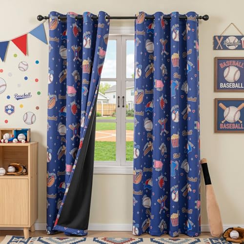 Image of MYSKY HOME Navy Blue Blackout Curtains 84 Inch Long 95% Light Blocking Thermal Insulated Grommet Window Curtains with Baseball-Related Patterns for Boys Kids Nursery Bedroom Playroom, W52, 2 Panels