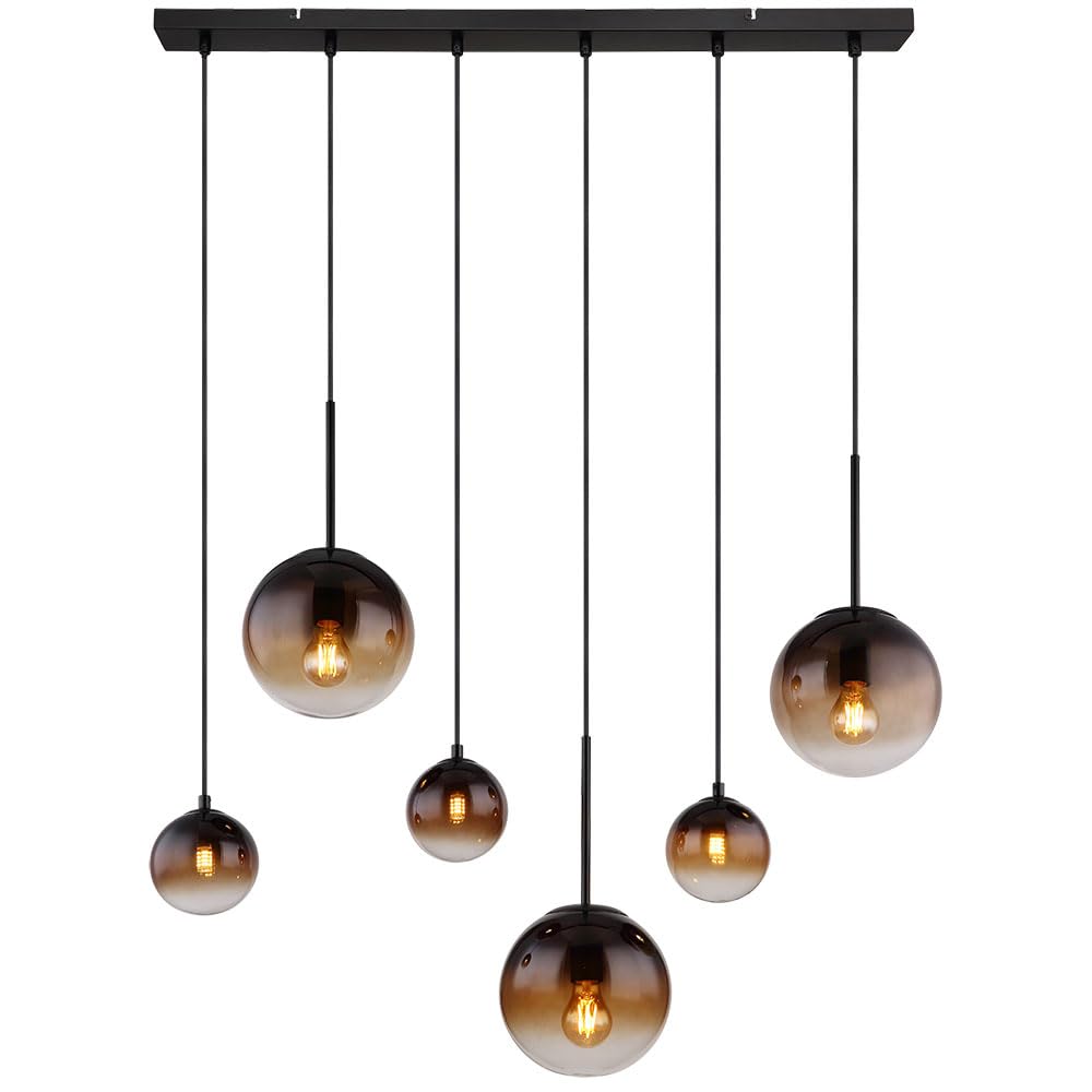 Pendelleuchte Esszimmerlampe Hängeleuchte Deckenlampe Wohnzimmerleuchte, Metall Glas amber rauchfarben schwarz, 3x E27 3x G9, 6 Flammig, H 117 cm