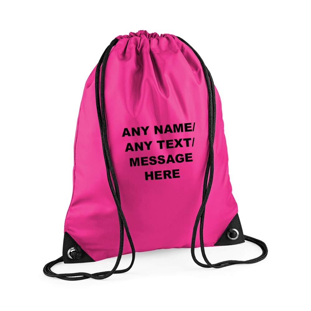Getagift Personalised with your Own Any Name/Message/Text Premium Drawstring Bag, PE Gym Kit School, Swimming, Birthday/Secret Santa, PE Kids Sport Rucksack. (Fuchsia)