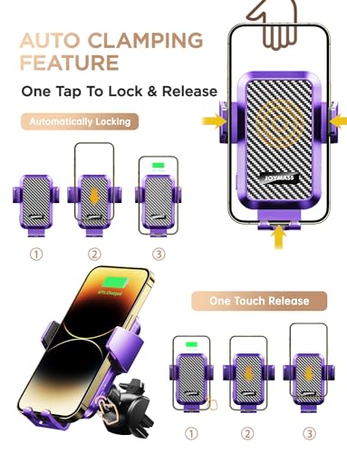 Image of Wireless Car Charger, 15W Fast Charging Auto Clamping Car Charger Cell Phone Holder Mount Vent for iPhone 15 14 13 12 Mini Pro Max, Samsung Galaxy S24 Ultra S23 S22 S21+ Note 20, etc - Purple