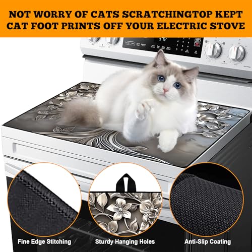 Image of Multi-Design Stove Top Cover for Glass /Electric Stoves - 3-in-1 Heat-Resistant Protector Mat, Non-Slip Drying Rack 28 inchx20 inch (Silver-Tree, 28 inch L x 20 inch W)