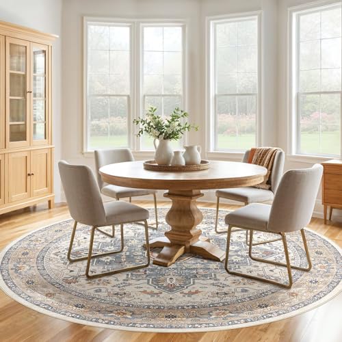 Round Rug Living Room Rugs: 10Ft Washable Boho Neutral Large Circle Soft Indoor Distressed Stain Resistant Floor Farmhouse Carpet for Bedroom Nursery Kids Playroom Office Dining Room Dorm- Beige Blue