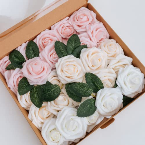LUSSO LIA 25 pcs Decorative Artificial Flower Foam Roses with Bendable Stems for Wedding Bouquet Anniversary, Valentine's Day