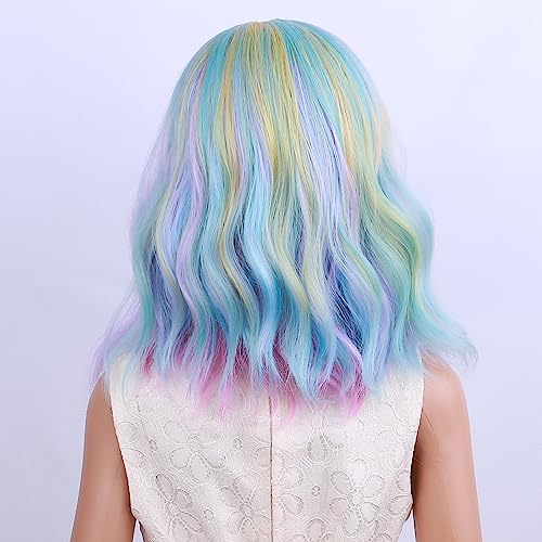 Image of PATTNIUM Kids Child Rainbow Wig Short Wavy Colorful Wig Multicolor Wigs Girls Synthetic Cosplay Halloween Party Costume Wigs