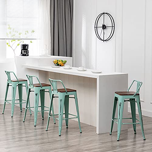 Andeworld Bar Stools Set Of 4 Counter Height Stools Industrial Metal Barstools With Wooden Seats(24 Inch, Distressed Green Blue) #TOP3