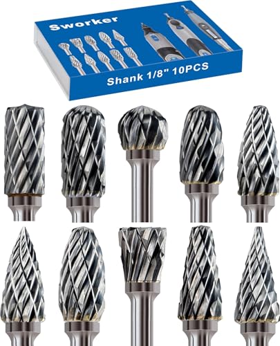 Sworker 10 Pcs Carbide Burr Set 1/8' Shank Compatible with Dremel Milwaukee Bits Rotary Tools Attachment Kit Rasp Drill File Accessories Metal Wood Stone Steel Grinding Carving Cutting Polishing