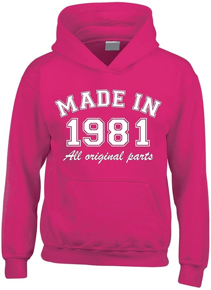 Sweat à capuche humoristique Made in 1981 rose XL pour adulte