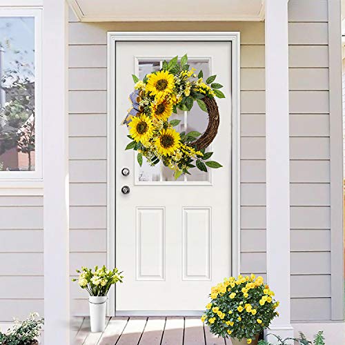 Wanna-Cul 18 Inch Spring Artificial Sunflower Wreath For Front Door,Yellow Decorative Summer Floral Door Wreath With Daisy,Green Leaves And Linen Ribbon For Wall Or Home Decoration #TOP6