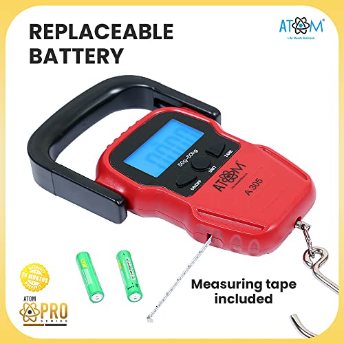 Image of ATOM Cerkel C-HS Series A305 Digital Hanging Luggage Weighing Scale, 50 kg Capacity, Stainless Steel Hook, Portable Electronic Weight Machine with LCD Display