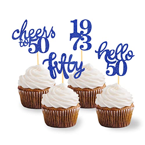 24 Pcs Glitter 50Th Birthday Cupcake Toppers For Celebrating Fifty Years Old Birthday Party Decorations (Blue) #TOP4