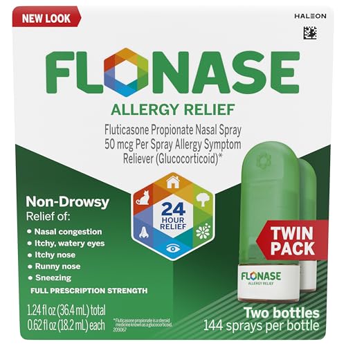 Flonase Allergy Relief Nasal Spray, 24 Hour Non Drowsy Allergy Medicine, Metered Nasal Spray - 144 Sprays (Pack of 2) - Fall and Seasonal Allergy Relief
