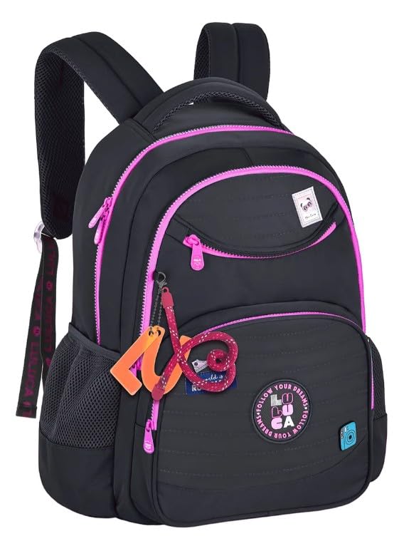 Mochila Escolar Luluca Azul Clio Style 44cm com Chaveiro Preta