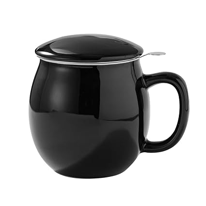 Yundu 12 OZ Brilliant Black Porcelain Teacup with Infuser and Lid, Mug with Lid for Steeping - Thankgiving Father Day Christmas Gift for parents - Fun Cup for Men, Women, Him, Her