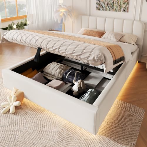 luckdect Lit Coffre 140x200 Beige, Coffre Rangement hydraulique, LED Multicolore, sommier à Lattes,lit Double Chambre Adulte Moderne avec tête rembourrée en Chenille, sans Matelas