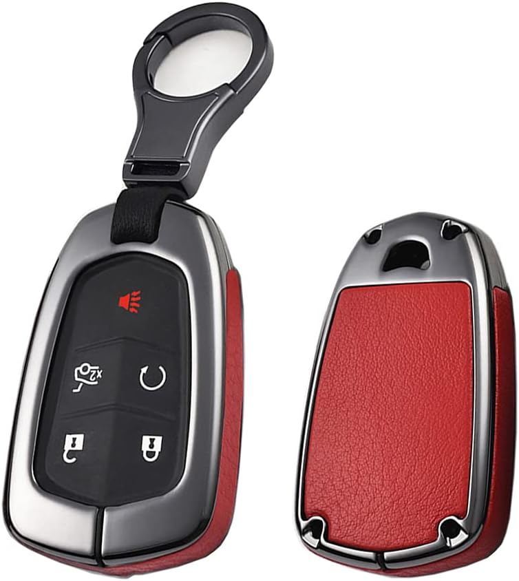 SANRILY 4/5/6 Button Key Fob Cover Case for 2018 2019 Cadillac XT5 XT6 ATS Escalade CT6 CTS XTS SRX Keyless Smart Remote Keychain Holder Luxury Leather Metal Key Shell Red-1Pcs
