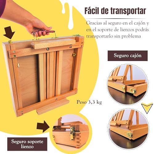 QUE MONA LISA Caballete mesa plegable profesional GAUGUIN con cajon. Incluye pinceles y paleta de pintura. Ajustable para lienzos grandes y pequeños. Maletin Madera de Haya. Adultos, niños - imagen 5