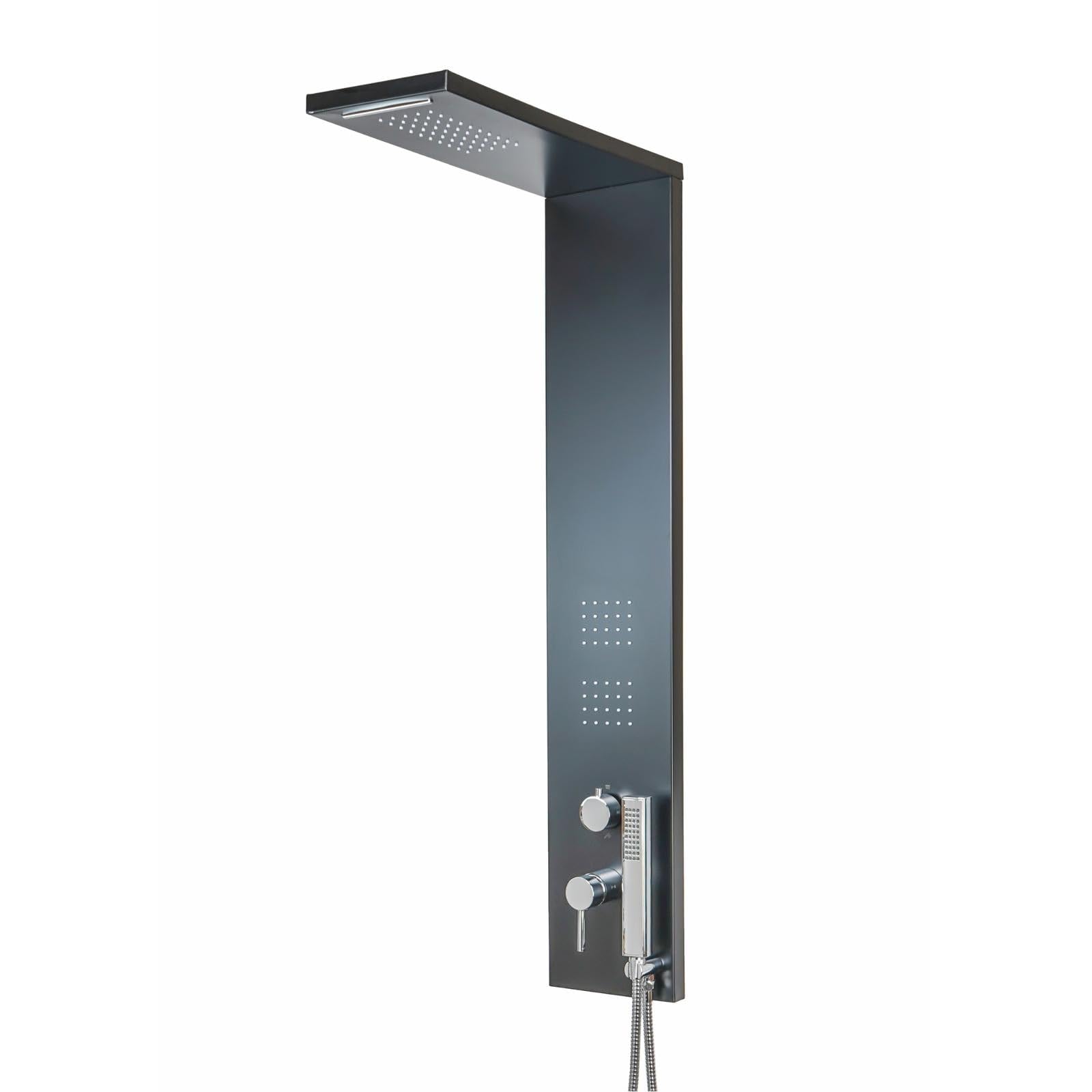 Colonna doccia multifunzione realizzata in Alluminio, pannello doccia con soffione e doccetta, effetto cascata, anticalcare, acciaio inox/alluminio, per box doccia - Nero - 20x50x110 cm