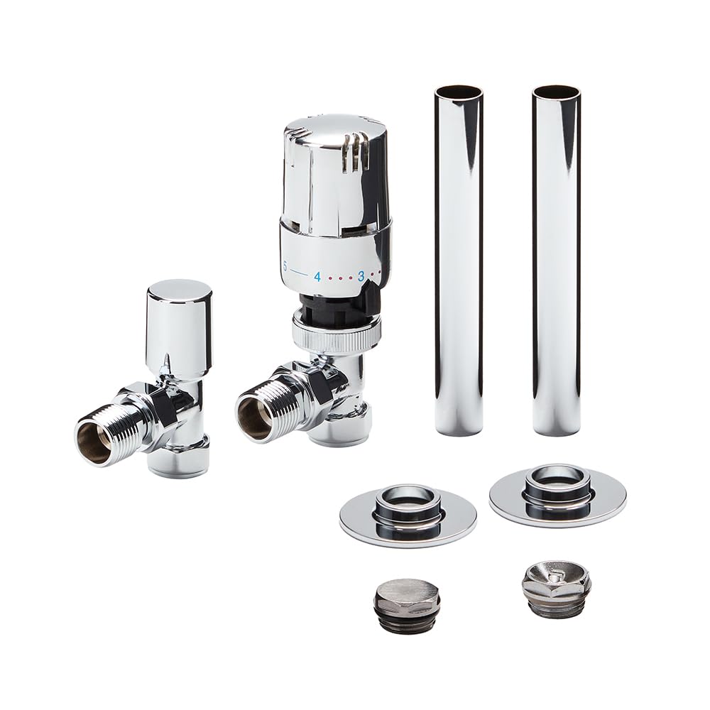 Milano Chrome Angled Heated Towel Rail Radiator Thermostatic Lockshield Valve Pipe Sleeve Kit