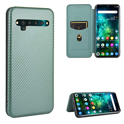 Funda para TCL 10 Pro Flip Case, PU de fibra de carbono + TPU híbrido caso a prueba de golpes funda cartera con correa, Kickstand
