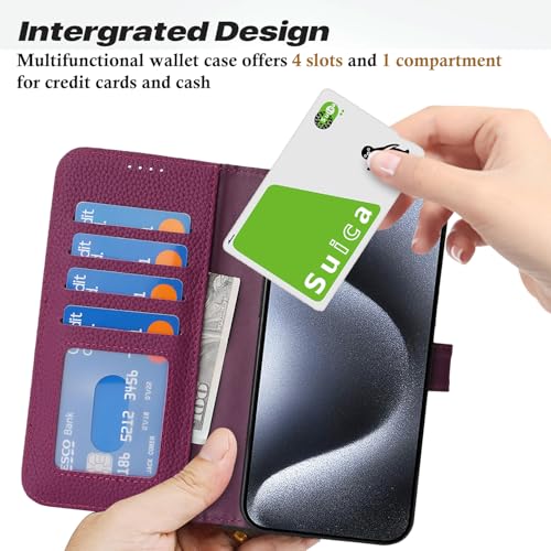 Coque iPhone 15 Pro en cuir véritable violet style portefeuille chic