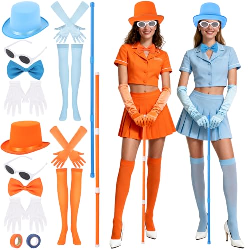 BOUTICOL 12 Pcs Halloween Adult Blue and Orange Top Hat Costume include Top Hat Bow Ties Glasses Gloves Socks and Spliced Walking Stick for Woman Halloween Cosplay Party