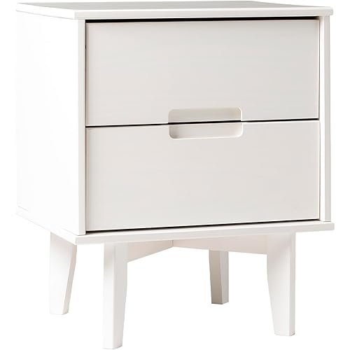 Walker Edison Furniture AZR2DSLNSWH Solid Wood 2-Drawer Groove Handle End Side Table Nightstand with Storage, 24" H, White