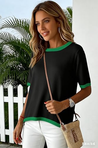 Image of Womens Short Sleeve Solid Color Block Crew Neck Sweater Shirt Lightweight Cotton Casual Summer Pullover Tops,Medium Black