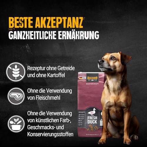 BELCANDO MASTERCRAFT Hundefutter trocken Fresh Duck, 10kg, Trockenfutter für Hunde mit Ente, 80% Frischfleisch, getreidefrei, für alle Rassen, Made in Germany