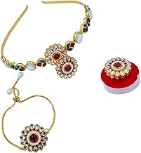 FABUZA Kundan Jewellery Set, Kundan Multicolor Hairband, Adjustavle Bracelet,Free-Size Adjustable Finger Ring for Girl perfect combo for occational wear Jewellery