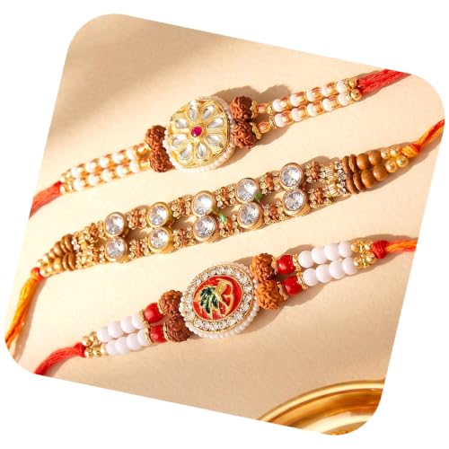 Image of Peora Rakhshabandhan Thread Rakhi for Brother Bhaiya | Crystals & Kundan Studded | Combo, Set of 3 | Rakhi Hamper with Roli Chawal & Greeting Card