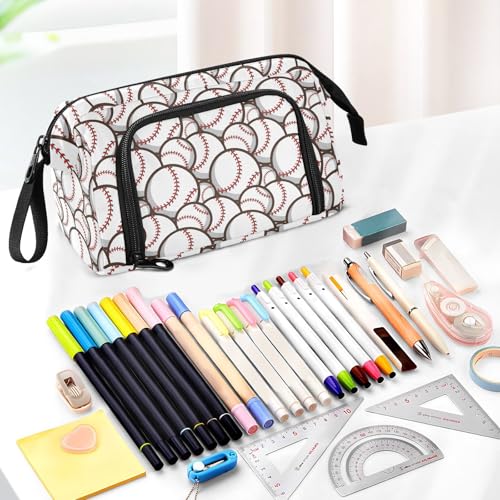 Image of Ball Baseball White Print Pencil Case Pouch Big Capacity Pencil Bag Box Organizer Pen Case with Compartmens Stationery Organizer for Girls Boys Women School College Office